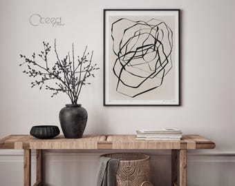 Czarno-biały abstrakcyjny wydruk liniowy, nowoczesna tekstura, minimalistyczna dekoracja ścienna, matowy plakat pionowy, współczesne dzieło sztuki do domowego biura