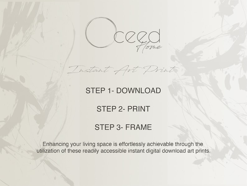 K&ouml;nnte beinhalten: Ein wei&szlig;er und grauer digitaler Kunstdruck mit dem Text "ceed Home" und "Instant Art Print". Der Druck enth&auml;lt auch die Schritte zum Herunterladen, Drucken und Einrahmen des Kunstwerks.