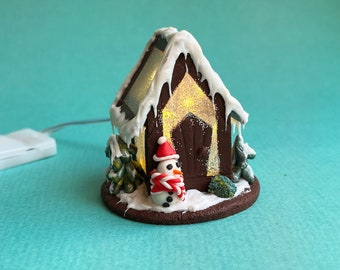 Tiny Christmas house figurine, miniature house with lighting, fairy garden, birthday gifts