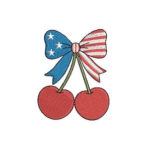 May include: Embroidered design of two red cherries with green stems, topped with a patriotic bow. The bow features blue sections with white stars and red and white stripes, evoking an American flag theme.