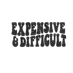 May include: Black embroidered text on a white background reads "EXPENSIVE & DIFFICULT" in a retro, bubble-style font. The text has a textured, fuzzy appearance, creating a bold statement.