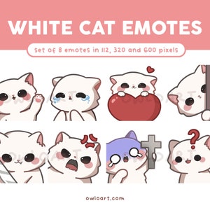 Cute White Cat Emotes | Set of 8 | for Twitch, Youtube, Discord, Streaming