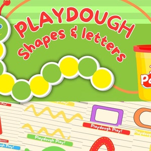 May include: A colorful printable activity book for kids featuring a green and yellow caterpillar and the words "Playdough Shapes & Letters". The book includes 35 pages of activities for kids to use playdough to create shapes and letters.