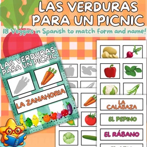 VERDURAS para un PICNIC ESPAÑOL Spanish Interactive match reading Activity veggies preschool prek toddlers kindergarten homeschool digital