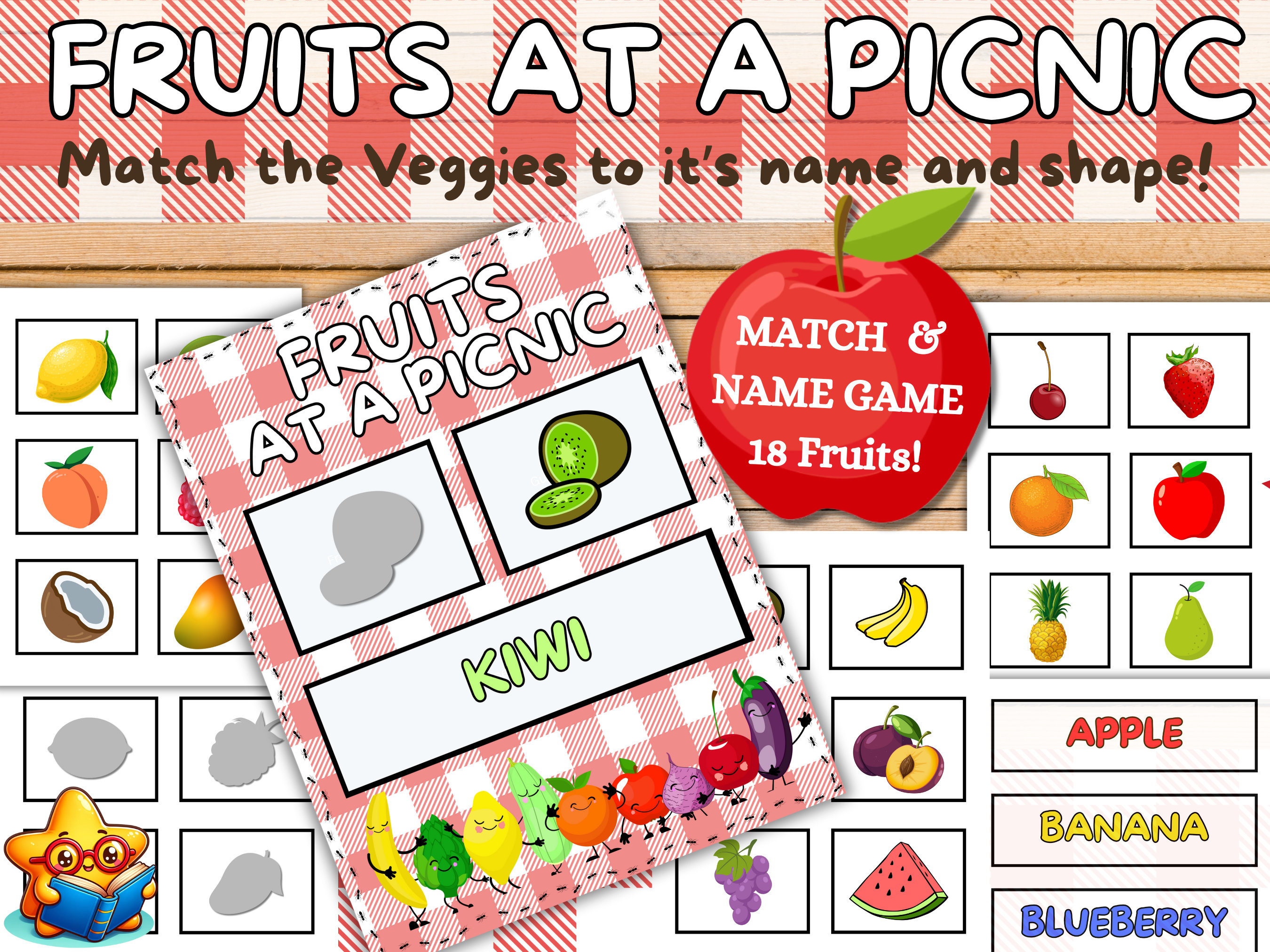 FRUITS AT A PICNIC Matching Montessori Activity Preschool Homeschool PreK Toddlers Spell Food Healthy Educational Game Digital Printable