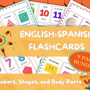 ENGLISH SPANISH FLASHCARDS Bilingual Numbers Body Parts Shapes Preschool Kindergarten Toddlers Homeschool Education Digital A4 Printable