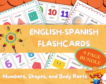 ENGLISH SPANISH FLASHCARDS Bilingual Numbers Body Parts Shapes Preschool Kindergarten Toddlers Homeschool Education Digital A4 Printable