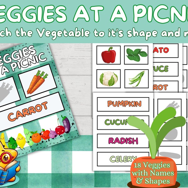 VEGGIES at a PICNIC Matching Game Montessori Vegetables Preschool Prek Toddlers Homeschool Educational Shapes Digital Printable A4 Kids