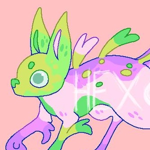 May include: A digital illustration of a creature with large ears, a long tail, and four limbs. The body features a color palette of light pink, lime green, and purple with circular spots. The text HEX is visible in the center of the creature.
