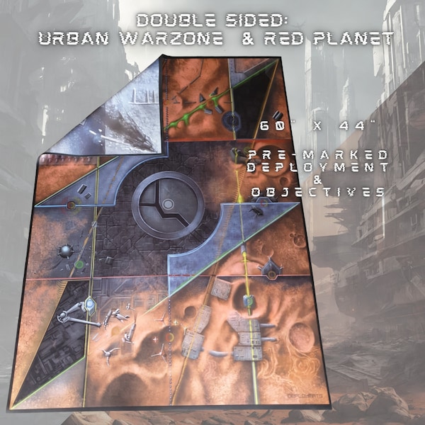 Double sided Urban Warzone and Red Planet Warhammer 40k competitive battle mat 60 x 44 inches.