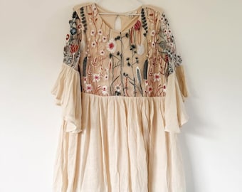 blue mexican embroidered dress Artisanal Embroidered Dress Denim Blue