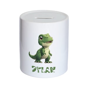 Personalised Watercolour Cute Dinosaur Kids Money Box, Piggy Bank, Savings Jar for Kids Coins. Bank Cash Box. Ceramic. For Boys & Girls