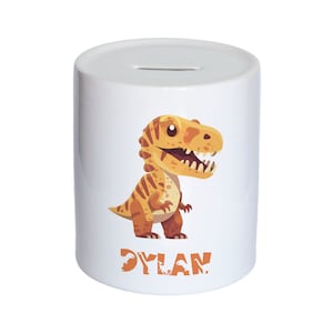 Personalised Watercolour Cute Dinosaur Kids Money Box, Piggy Bank, Savings Jar for Kids Coins. Bank Cash Box. Ceramic. For Boys & Girls