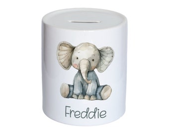 Personalised Watercolour Cute Elephant Kids Money Box, Piggy Bank, Savings Jar for Kids Coins. Bank Cash Box. Ceramic. For Boys & Girls