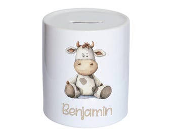 Personalised Watercolour Cute Cow Kids Money Box, Piggy Bank, Savings Jar for Kids Coins. Bank Cash Box. Ceramic, Cattle. For Boys & Girls
