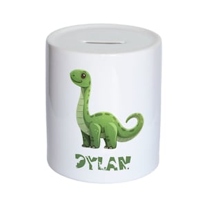 Personalised Watercolour Cute Dinosaur Kids Money Box, Piggy Bank, Savings Jar for Kids Coins. Bank Cash Box. Ceramic. For Boys & Girls
