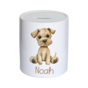 Personalised Watercolour Cute Dog Kids Money Box, Piggy Bank, Savings Jar for Kids Coins. Bank Cash Box. Ceramic, Puppy. For Boys & Girls