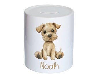 Personalised Watercolour Cute Dog Kids Money Box, Piggy Bank, Savings Jar for Kids Coins. Bank Cash Box. Ceramic, Puppy. For Boys & Girls