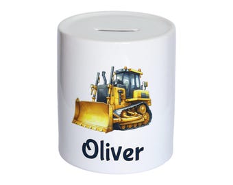 Personalised Bulldozer Money Box – Custom Name Ceramic Coin Bank for Kids, Boys Construction Gift, Digger Piggy Bank, Nursery Keepsake