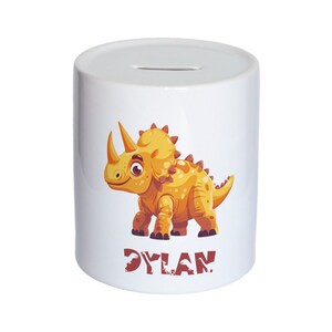 Personalised Watercolour Cute Dinosaur Kids Money Box, Piggy Bank, Savings Jar for Kids Coins. Bank Cash Box. Ceramic. For Boys & Girls