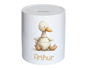 Personalised Watercolour Cute Duck Kids Money Box, Piggy Bank, Savings Jar for Kids Coins. Bank Cash Box. Ceramic, Duckling For Boys & Girls