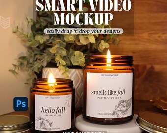 Herbst Kerze Smart Mockup Video 4oz & 9 Unzen Bernstein Kerze Gold Deckel Smart Objekt MP4 PSD Simple Lifestyle Stock Herbst Kerze Photoshop Mockup