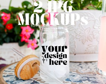Printify Sipper Glass Can Mockup 16 OZ Clear Sublimation Glass Can Mockup Libbey Glass Boho Product Photo Summer Background Glass Can