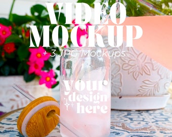 Printify Sipper Glass 16oz Mockup Video Floral Libbey Glass Can Video Mockup Botanical Lifestyle Glass Tumblers Mockup Product Video