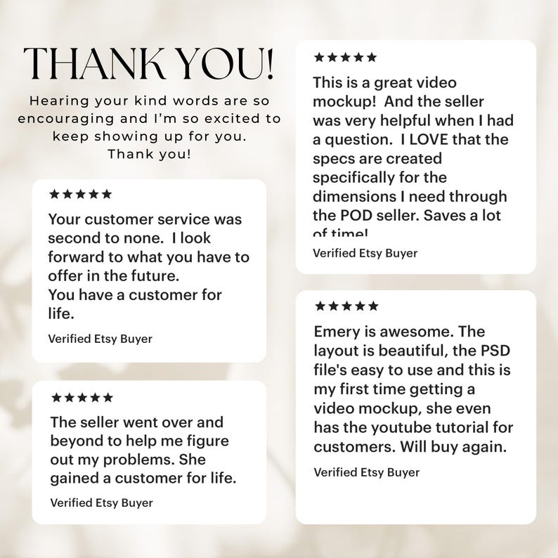 May include: Five-star reviews for a video mockup product on Etsy. The reviews highlight the seller's helpfulness, the quality of the mockup, and the ease of use. The reviews also mention the seller's customer service and the value of the product.