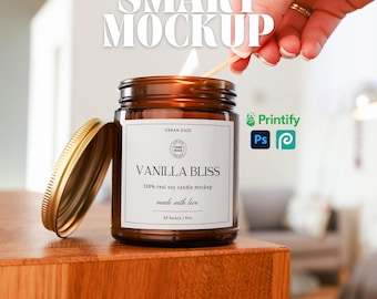 9oz Amber Candle Mockup Lighting Candle Brown Glass Candle Mockup for Print On Demand Lifestyle Product Photo for Etsy Candle Sellers