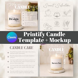 Pacote de modelos de tabela de aromas de velas editáveis Canva Modelo de guia de tamanhos de velas de soja Printify Modelo de maquete de velas Modelo fofo de cuidados com velas