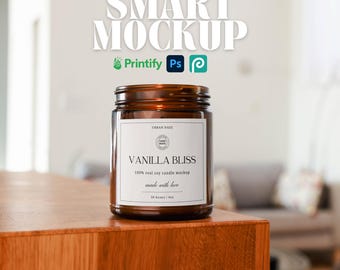 9oz Amber Candle Mockup Brown Glass Candle Mockup for Print On Demand Lifestyle Product Photo for Etsy Sellers Natural Wood Candle Mockup