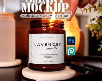 Smart 9oz Amber Candle Fall Mockup PSD Autumn Amber Candle Black Lid Staged Stock Photo Simple Lifestyle Autumn Candle Mockup Black Lid