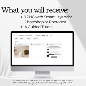May include: A computer screen displaying a digital product listing for a kitchen candle mockup. The listing includes a preview image of the candle, a PSD file, and a PDF tutorial. The text on the screen reads "Lumient 9oz White Soy Kitchen Candle Png".