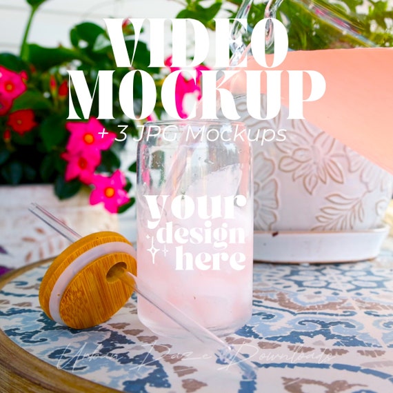 Printify Sipper Glass 16oz Mockup Video Floral Libbey Glass Can Video Mockup Botanical Lifestyle Glass Tumblers Mockup Product Video
