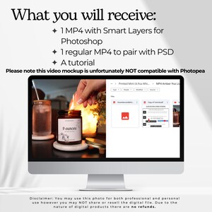 May include: A computer screen displaying a video mockup of a candle with a label that says "9 ounces". The video is being edited in a program that shows the file name "MP4 Amber 9oz Liv". The text on the screen says "Please note this video mockup is unfortunately NOT compatible with Photopea".