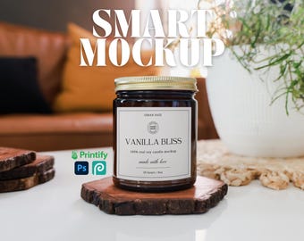 May include: A brown glass candle jar with a gold lid and a white label. The label says "URBAN DAZE" and "VANILLA BLISS 100% real soy candle mockup made with love 50 hours/Net".