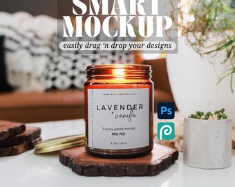 Lit 9oz Amber Candle Mockup Couch in Background Lifestyle Product Photo Smart Layers Candle Mockup PSD Printify Candle Mockup Smart Layers