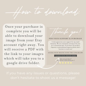 Puede incluir: Una tarjeta de instrucciones de descarga digital con fondo blanco y texto negro. La tarjeta explica c&oacute;mo descargar archivos digitales de Etsy. La tarjeta tambi&eacute;n incluye un mensaje de agradecimiento y un sistema de calificaci&oacute;n de cinco estrellas.