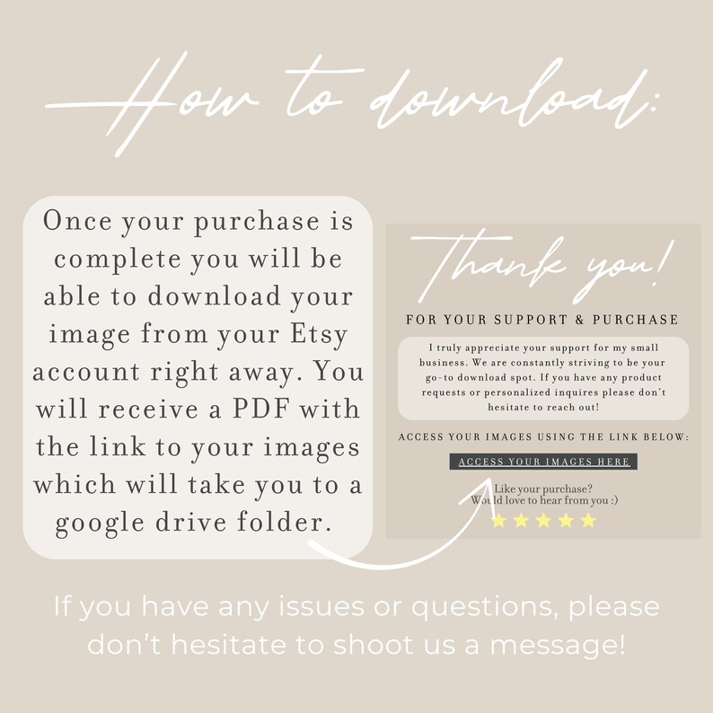 Puede incluir: Una tarjeta de instrucciones de descarga digital con fondo blanco y texto negro. La tarjeta explica c&oacute;mo descargar archivos digitales de Etsy. La tarjeta tambi&eacute;n incluye un mensaje de agradecimiento y un sistema de calificaci&oacute;n de cinco estrellas.