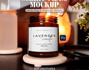 Smart 9oz Amber Candle Fall Mockup Video PSD Autumn Amber Candle Black Lid Staged Stock Video Simple Lifestyle Autumn Candle Mockup Video