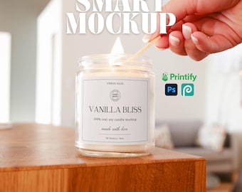 Lighting 9oz White Candle Mockup Clear Glass Candle Mockup for Print On Demand Lifestyle Product Photo for Etsy Natural Wood Candle Mockup