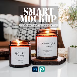 May include: Two amber glass candle jars with labels. The larger jar is labeled "LAVENDER + vanilla" and is a 9 ounce candle mockup. The smaller jar is labeled "HONEY + coconut" and is a 4 ounce candle mockup. Both jars are on a wooden coaster.