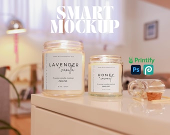 4 and 9oz White Candles Mockup Eclectic Lifestyle Candle Mockup for Print on Demand Staged Candle Stock Photo