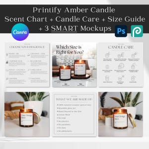 Plantilla editable de Canva para el cuidado de velas, paquete de descarga, maqueta de vela ámbar de 9 oz, tabla de tallas, paquete de plantillas editables de Canva para negocios de velas