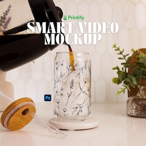 Smart Layer Libbey Glass MP4 Printify Sipper Glass Can Mockup Video PSD Smart Object Clean Aesthetic Lifestyle Stock Video Glass Tumbler PSD