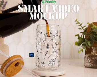 Smart Layer Libbey Glass MP4 Printify Sipper Glass Can Mockup Video PSD Smart Object Clean Aesthetic Lifestyle Stock Video Glass Tumbler PSD