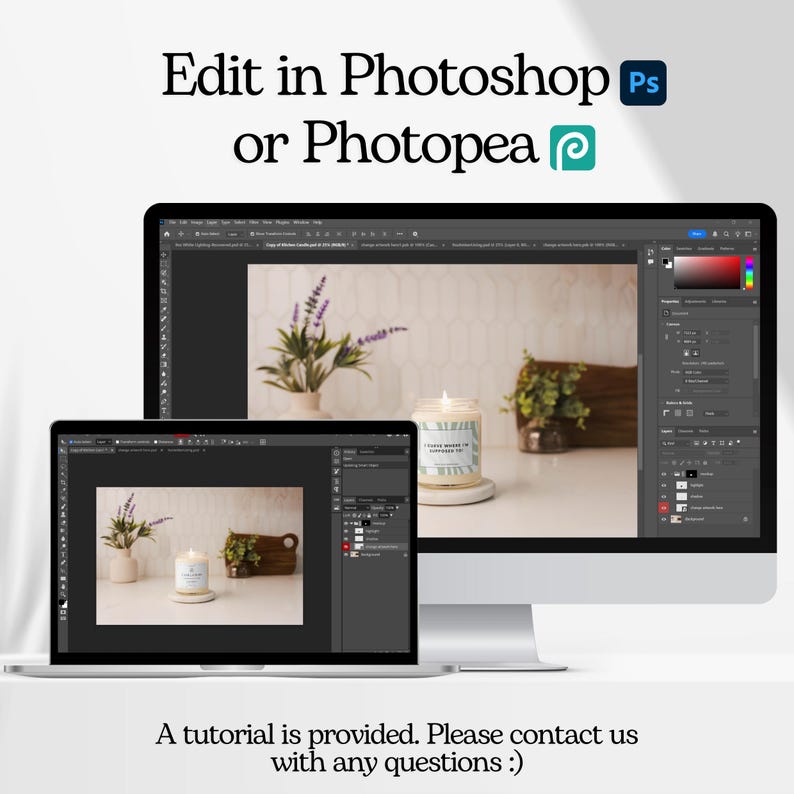May include: A mockup of a candle label design displayed on a computer screen. The label is white with blue and green floral accents and the text "I LOVE MORNINGS IN COFFEE SHOPS".