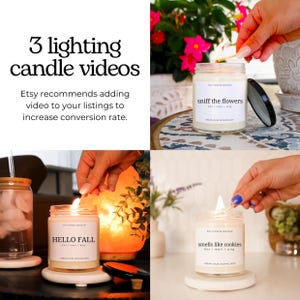 Może przedstawiać: Trzy świece sojowe z etykietami, na kt&oacute;rych widnieje napis "sniff the flowers", "HELLO FALL" i "smells like cookies". Każda świeca jest zapalana zapałką przez rękę. Świece znajdują się na białej powierzchni.