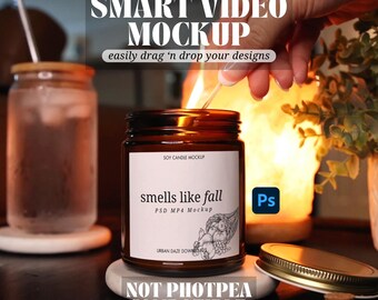 Smart 9oz Amber Candle Fall Mockup Video PSD Autumn Amber Candle Staged Stock Video Simple Lifestyle Autumn Candle High Quality Mockup Video